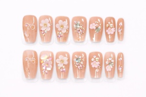 Set 12 perechi unghii false tip Press-On cu decor flori si cristale - Img 3