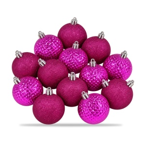 Set 16 globulețe de Crăciun roz fucsia, 2 modele, plastic, cutie 33x17 cm - Img 3