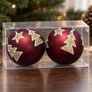 Set 2 Globuri de Crăciun, Vișiniu Mat, cu Brăduți și Steluțe Aurii cu Sclipici, 20x10cm - Img 10
