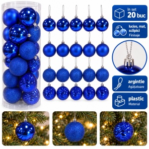Set 20 buc globuri albastre, modele asortate, plastic, agățătoare argintie, tub aprox. 60 × 25 cm - Img 2