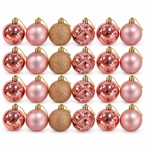 Set 24 globulețe de Crăciun rose-gold, plastic, 4 modele, agățătoare aurie - Img 2