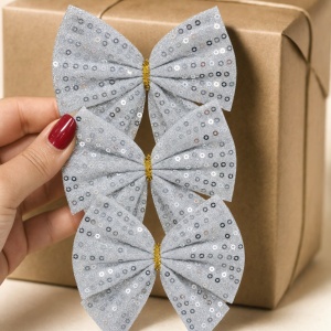 Set 3 fundițe decorative de Crăciun, argintiu cu paiete și fir auriu, plastic, 29x12,5cm - Img 2