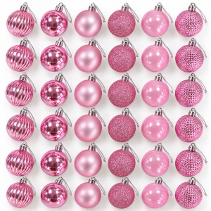 Set 36 globuri de Crăciun roz, 6 modele, plastic, agățătoare argintie, cutie 29 x 14 cm - Img 12