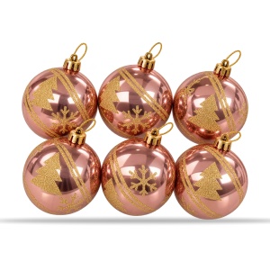 Set 6 globuri de Craciun rose-gold, model brăduți și fulgi de nea, glitter auriu, 24x16x8cm