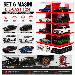 Set 6 masinute metalice scara 1:24 cu lumini si sunete set display modular rotativ - Img 2