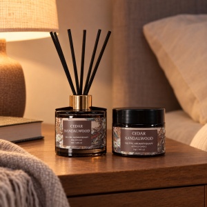 Set cadou lumânare parfumată și difuzor cu bețișoare, parfum cedru și santal, 20 × 14 cm - Img 3