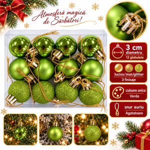 Set de 12 globulețe de Crăciun, verzi, din plastic, modele asortate in set, 3 cm