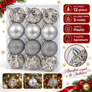 Set de 12 globuri de Crăciun argintii, model mat, cu sclipici și reliefat, din plastic - Img 2