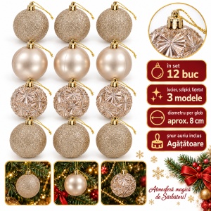 Set de 12 Globuri de Crăciun Champagne, 6 cm, Plastic, model Mat, Lucios și cu Sclipici