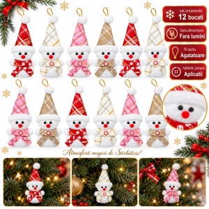Set de 12 Ornamente de brad cu om de zăpadă, diverse culori , 22x7 cm