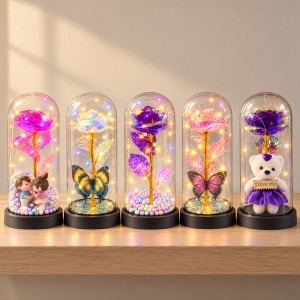 Set de 5 Cupole cu trandafir artificial și lumini LED, modele aleatorii , din plastic - Img 5