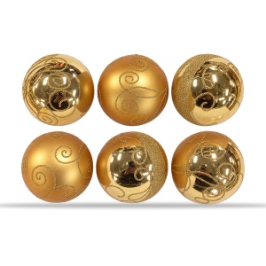 Set de 6 globuri aurii din plastic, model cu sclipici, modele diverse in set, 8 cm - Img 3