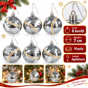 Set de 6 globuri de Crăciun argintii, din plastic, model cu brăduți și fulgi cu sclipici, 7cm - Img 4