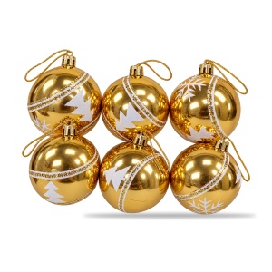Set de 6 globuri de Crăciun aurii, din plastic, model brăduți și fulgi albi cu sclipici, 22 x 15 cm - Img 3