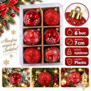 Set de 6 globuri de Crăciun roșii, modele combinate cu sclipici, din plastic, 7 cm