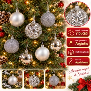 Set de 7 globuri de Crăciun argintii, modele asortate in set, din plastic, 7 cm