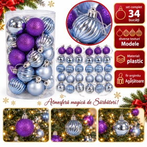 Set globuri de Crăciun 34 bucăți, albastru și mov, modele diverse, plastic, 26 × 16 cm - Img 4