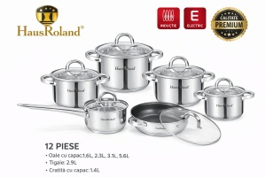 Set oale inox HausRoland 12 piese cu capace din sticlă, tigaie și cratiță, compatibil inducție - Img 2