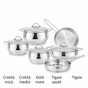 Set oale și tigăi din oțel inoxidabil cu capace din sticlă, 9 piese, compatibil inducție - Img 2