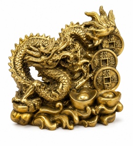 Statuetă Dragon Auriu Feng Shui cu Monede și Lingouri – Suvenir al Prosperității și Norocului