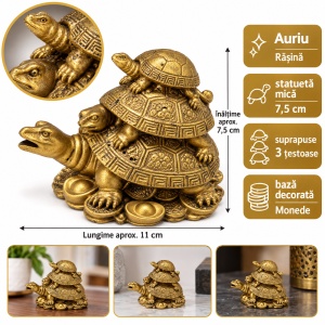 Statuetă Feng Shui cu 3 broaște țestoase pe monede, rășină aurie, aprox. 11 × 7,5 cm