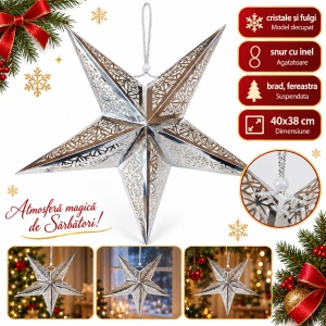 Stea decorativă de Crăciun argintie suspendată, model decupat cu fulgi, 60x60 cm