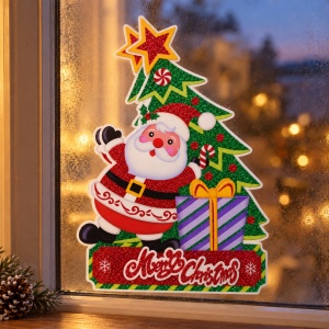 Sticker decorativ de Craciun cu Mos Craciun si brad, glitter, pentru geam si perete 45x30cm - Img 3