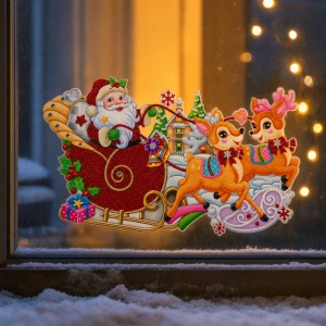 Sticker decorativ de Craciun cu sania lui Mos Craciun, pentru geam sau perete, 75x42 cm - Img 3