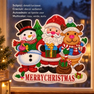 Sticker decorativ geam Craciun cu Mos Craciun, om de zapada si ren, cu sclipici, 42x45cm - Img 2