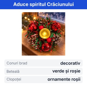 Suport lumânare de Crăciun, decorativ, cu conuri de brad, beteală și clopoței roșii, 11x11x3,5cm - Img 2