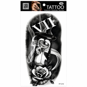 Tatuaj Temporar Semipermanent Clepsidră cu Trandafir și Cifre Romane – 18 cm, Rezistent la Apă