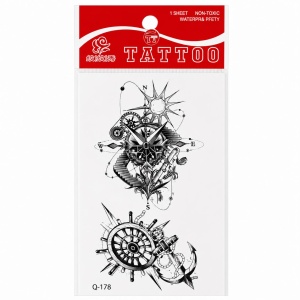 Tatuaj Temporar Semipermanent Nautic Busolă, Timonă și Ancoră 10 cm – Design Maritim Alb-Negru