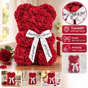 Ursuleț din trandafiri artificiali bordo, cu fundă albă „Just for you” - Img 5