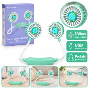 Ventilator de gât portabil cu 3 trepte de viteză, USB, model dinozaur, verde mentă