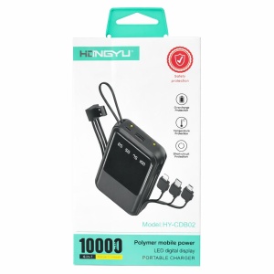 Baterie externa HY-CDB02 10000 mAh cu cabluri integrate 4-în-1 și display LED digital, negru