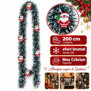 Beteală de Crăciun cu figurine Moș Crăciun, efect brumat, 200 cm, diametru 9 cm
