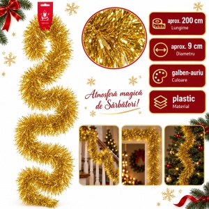 Beteală de Crăciun galben-auriu, plastic, diametru 9 cm, lungime 2 m