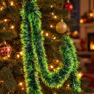 Beteală de Crăciun pentru brad, verde bicolor, plastic, lungime 200 cm, diametru 15 cm - Img 3