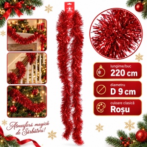 Beteală de Crăciun roșie, fir metalizat, diametru 9 cm, lungime 200 cm