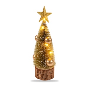 Brad decorativ cu LED de Craciun, auriu glitter, baza lemn natural, 24 cm - Img 2