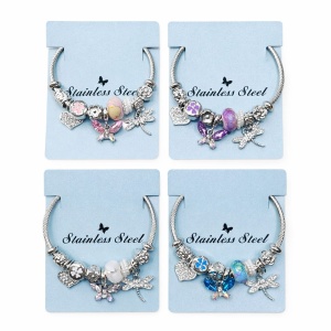 Bratara ROXE argintie cu fluture libelula si inimioara charmuri elegante