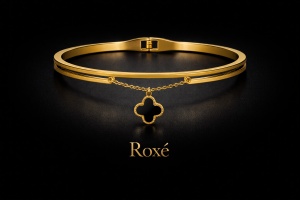 Bratara ROXE aurie cu trifoi reversibil alb negru si lant decorativ inchizatoare fixa - Img 3