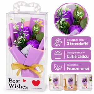 Buchet cadou cu 3 trandafiri de săpun mov, în cutie transparentă, 30 cm - Img 2