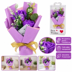 Buchet cadou cu 3 trandafiri de săpun mov, în cutie transparentă, 30 cm