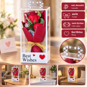 Buchet decorativ cu trandafiri roșii, fundă aurie, în cutie cadou, 25cm