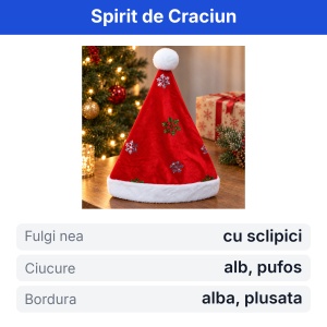 Căciulă Moș Crăciun roșie, cu bordură albă, ciucure alb și fulgi de nea cu sclipici, 43x30cm - Img 2