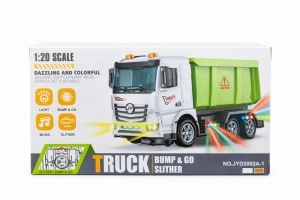 Camion jucarie alb cu verde, cu lumini si muzica, functie bump and go, 22 cm