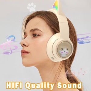 Casti wireless Bluetooth cu urechi de pisica LED, pliabile, pentru copii si adulti, crem - Img 3
