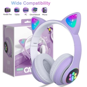 Căști wireless cu urechi de pisică și lumini LED, design ergonomic, mov