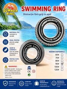 Colac gonflabil tip anvelopa 90 cm pentru piscina si plaja, design sport alb-negru - Img 2